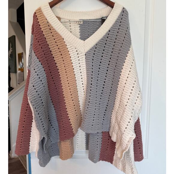 POL Oversized Open-Knit V-Neck Sweater Multi-Color Women’s Medium - Picture 4 of 8